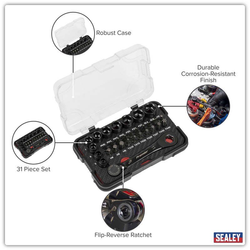 Sealey Premier Black Socket & Bit Set 31 Piece 1/4" Drive Low Profile