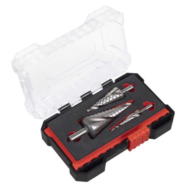 Sealey Spiral Flute HSS 4341 Step Drill Bit Set 3 Piece Ø4-30mm