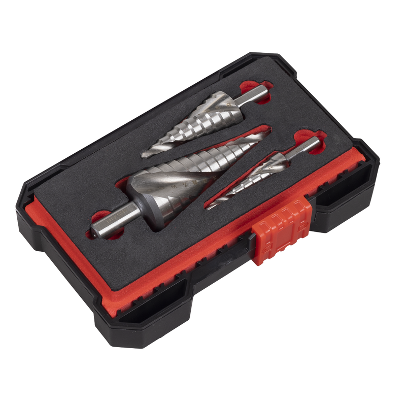 Sealey Spiral Flute HSS 4341 Step Drill Bit Set 3 Piece Ø4-30mm