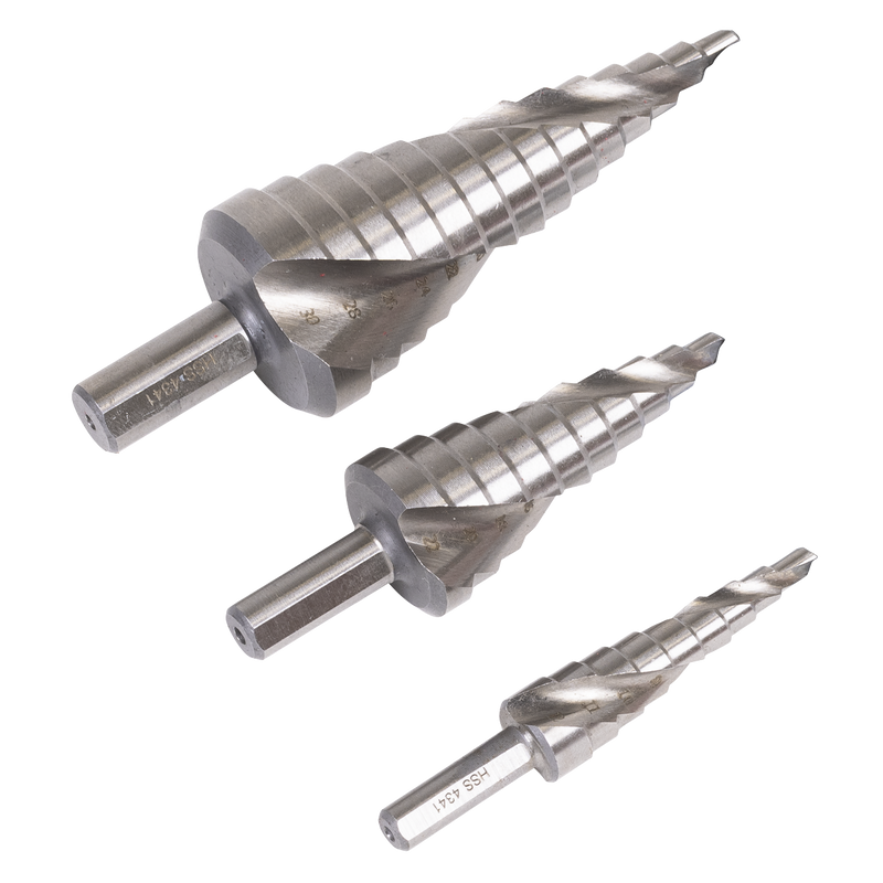 Sealey Spiral Flute HSS 4341 Step Drill Bit Set 3 Piece Ø4-30mm