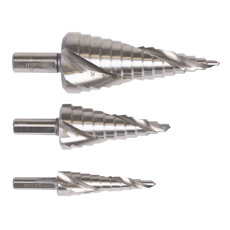 Sealey Spiral Flute HSS 4341 Step Drill Bit Set 3 Piece Ø4-30mm