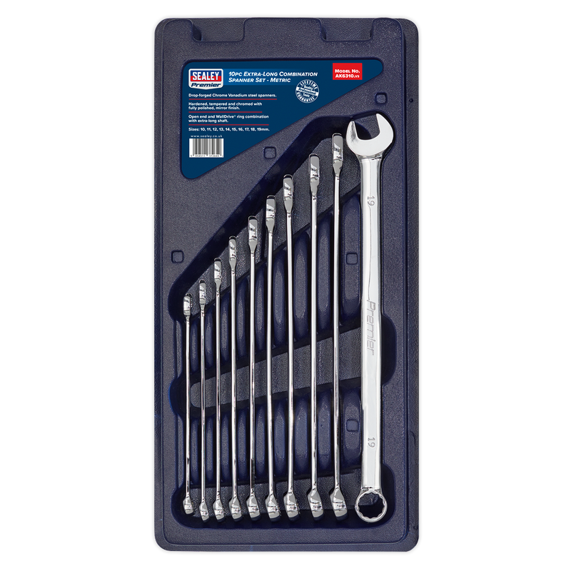 Sealey Premier Extra-Long Combination Spanner Set 10 Piece - 349mm Length
