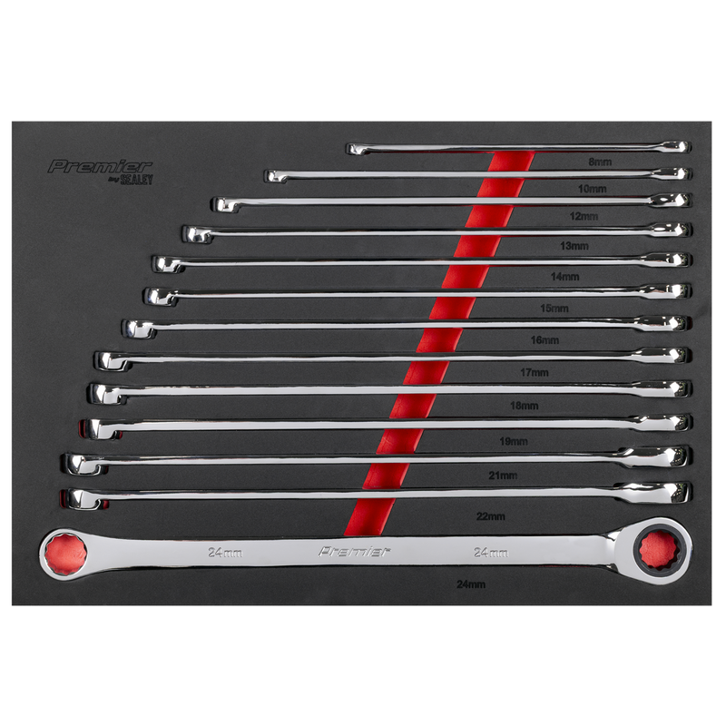 Sealey Premier Extra-Long Double Ring Spanner Set 13 Piece 230-445mm