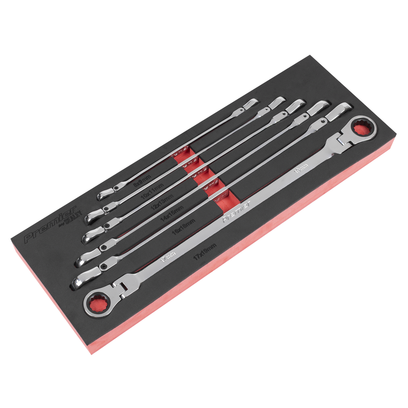 Sealey Premier Extra-Long Flexi-Head Ratchet Ring Spanner Set 6 Piece