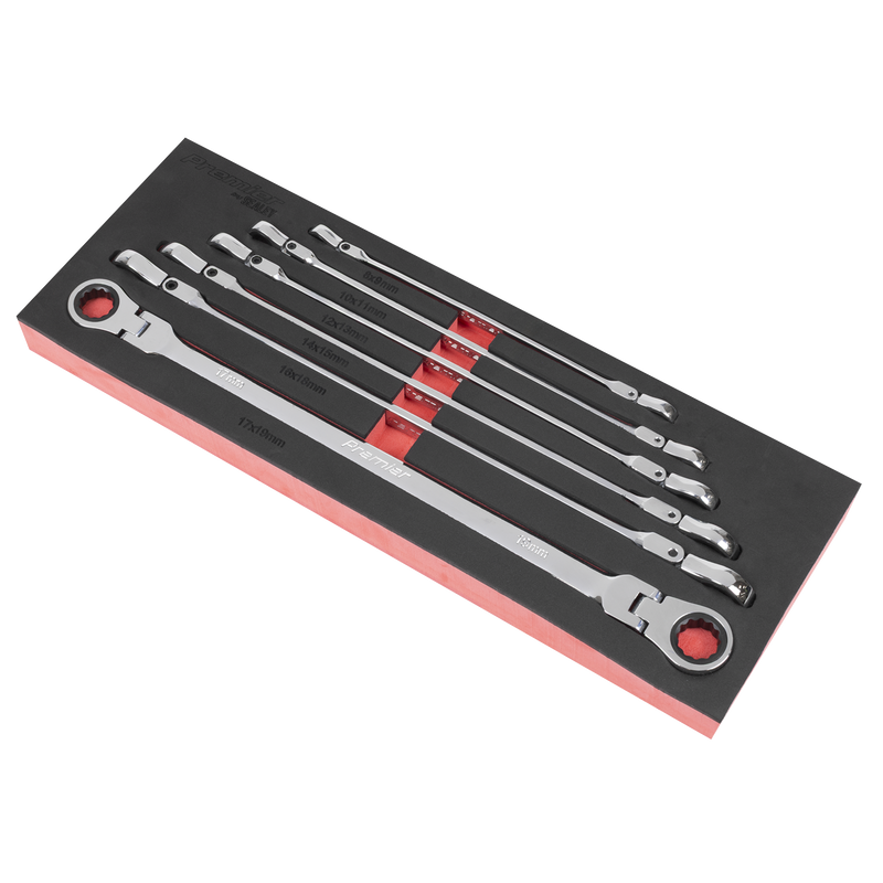 Sealey Premier Extra-Long Flexi-Head Ratchet Ring Spanner Set 6 Piece