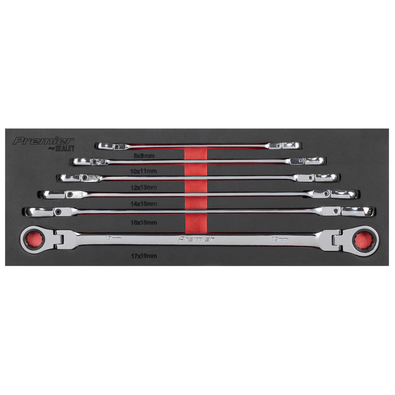Sealey Premier Extra-Long Flexi-Head Ratchet Ring Spanner Set 6 Piece