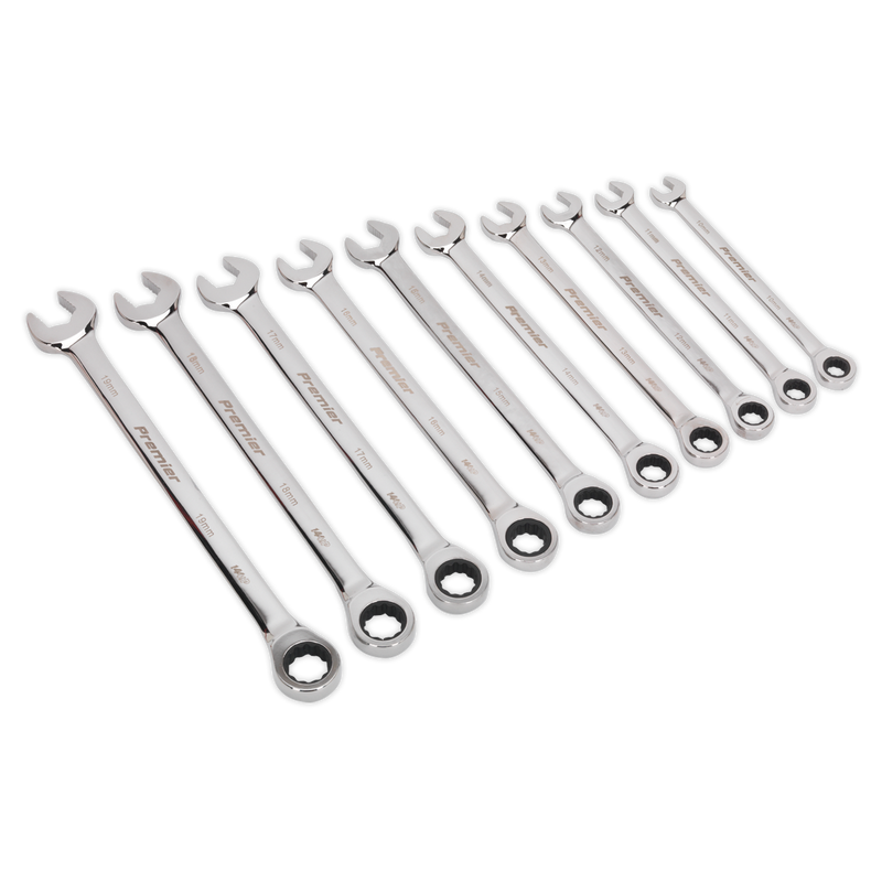 Sealey Premier Extra-Long Ratchet Spanner Set 10 Piece 180-305mm