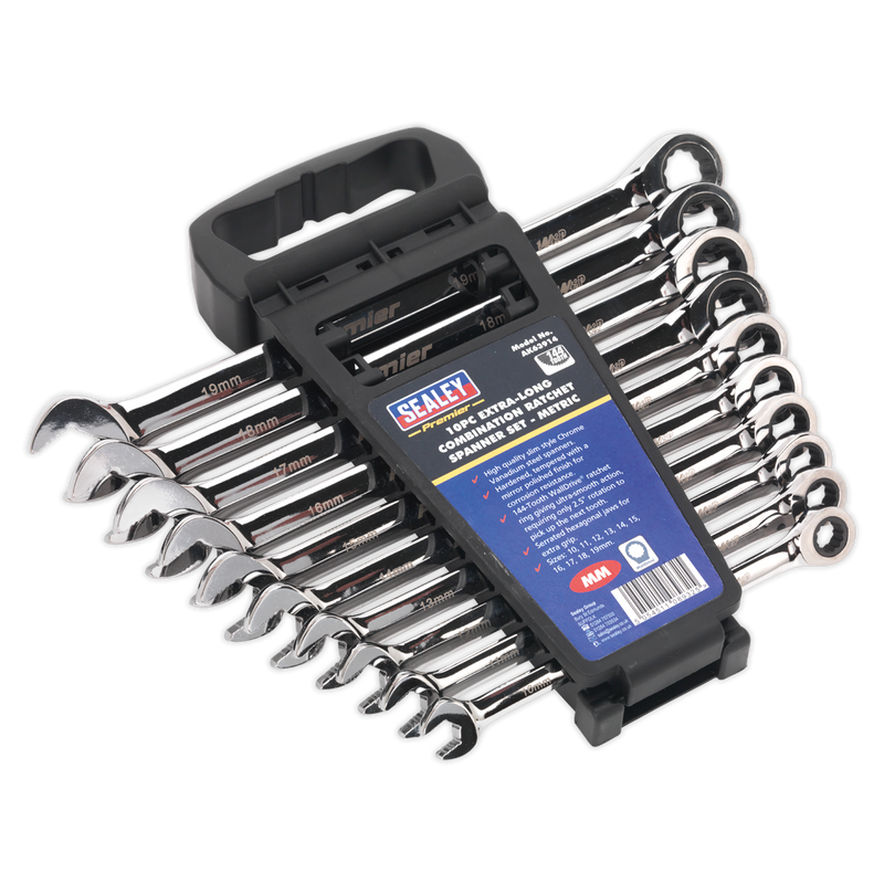 Sealey Premier Extra-Long Ratchet Spanner Set 10 Piece 180-305mm