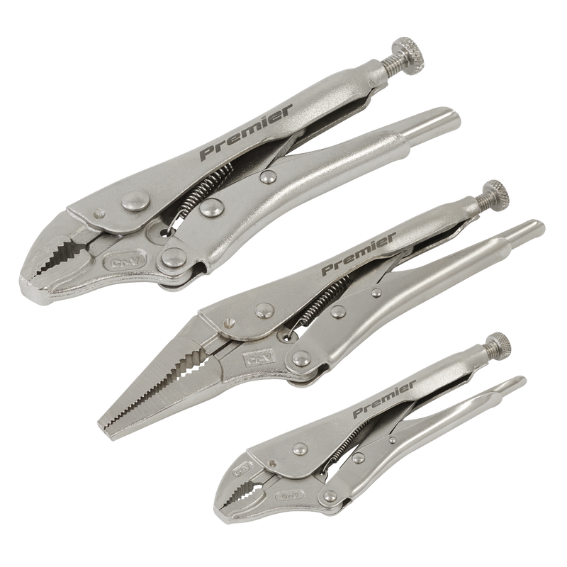 Sealey Premier Locking Pliers Set 3 Piece - Curved & Long Nose, 1.1kg