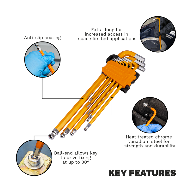 Sealey Premier Hex Key Set 9 Piece Ball-End Extra-Long 1/16" to 3/8"
