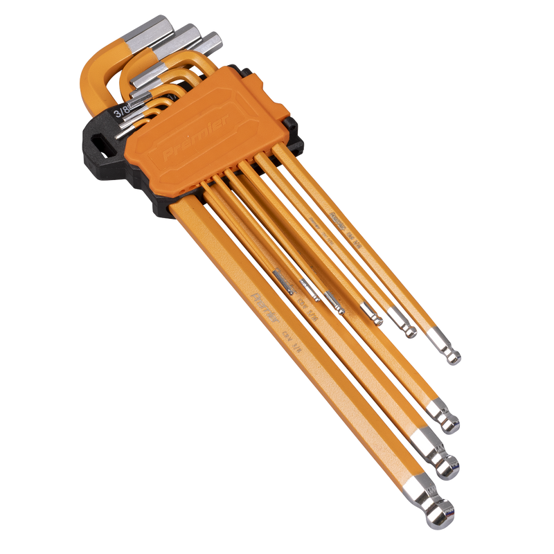 Sealey Premier Hex Key Set 9 Piece Ball-End Extra-Long 1/16" to 3/8"