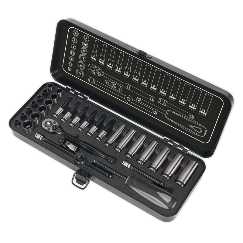 Sealey Premier Black Socket Set 1/4" Drive 32 Piece with Ratchet