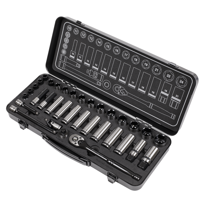 Sealey Premier Black Socket Set 3/8"Sq Drive 34 Piece