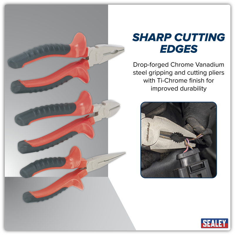 Sealey Premier Pliers Set 3 Piece - Long Nose, Combination & Side Cutters
