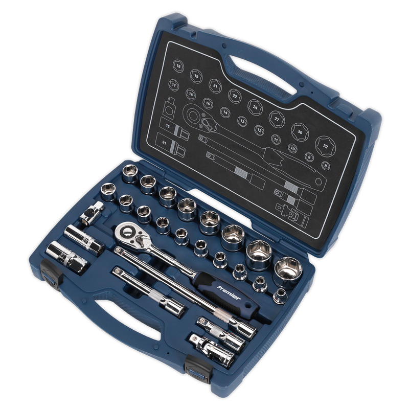 Sealey Premier Socket Set 1/2" Sq Drive 26 Piece with Ratchet Wrench