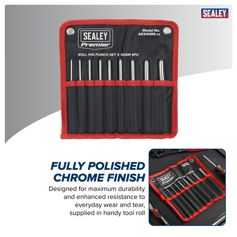 Sealey Premier Roll Pin Punch Set 9 Piece Imperial 1/8-1/2"