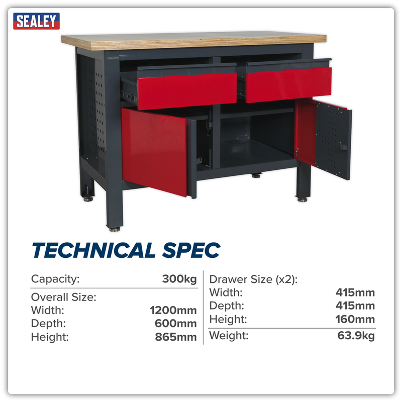 Sealey Workbench AP1372A 1200mm with 2 Drawers & 2 Cupboards