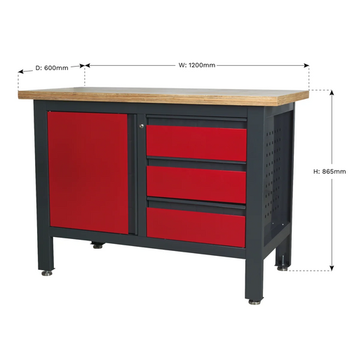 Sealey Workbench AP1372B with 3 Drawers & Cupboard, 300kg Capacity
