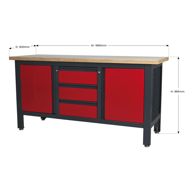 Sealey Workbench AP1905C 1690mm with 3 Drawers & 2 Cupboards