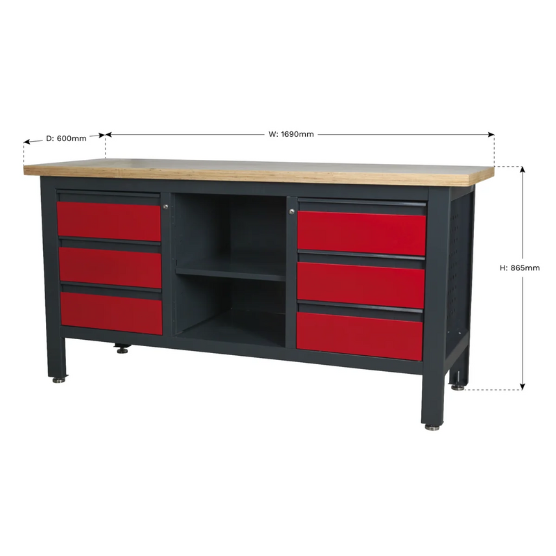 Sealey Workbench AP1905D 1690mm with 6 Drawers & Open Storage