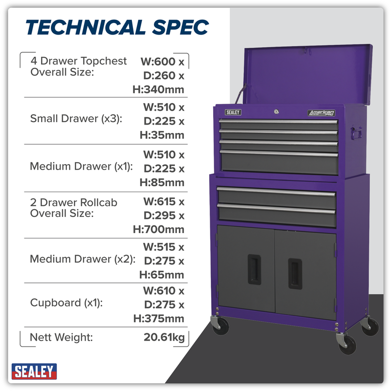 Sealey American PRO Tool Chest & Rollcab 6 Drawer 615x295x705mm Purple/Grey