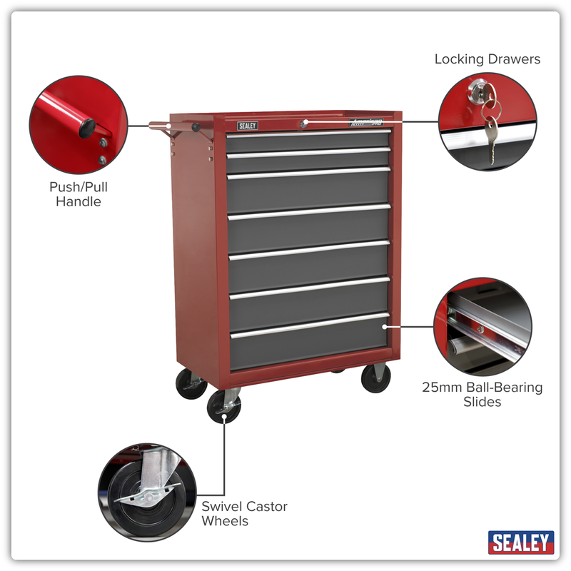 Sealey American PRO Rollcab 7 Drawer Tool Chest Red/Grey 680x330x875mm