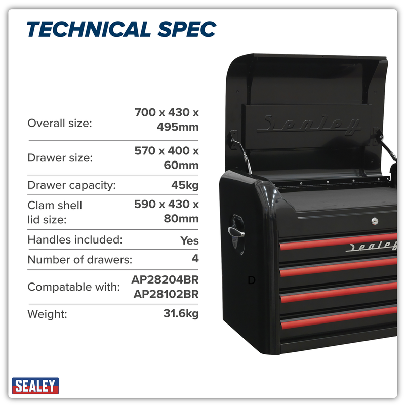 Sealey Premier Tool Chest 4 Drawer - Retro Black, 700mm Size