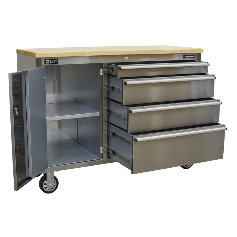 Sealey Premier Mobile Tool Cabinet 4 Drawer Stainless Steel 1290mm
