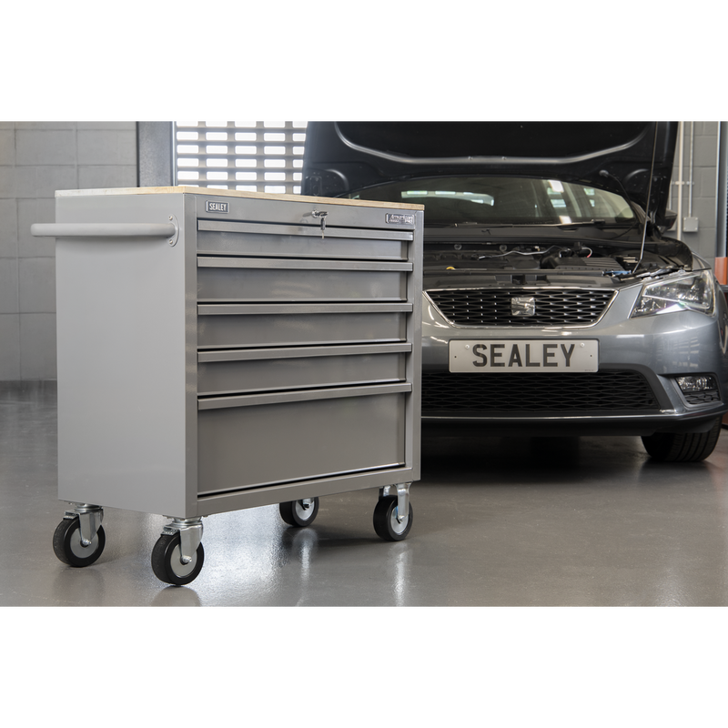 Sealey Mobile Workstation APMWS1G 5 Drawer Grey with Wooden Worktop