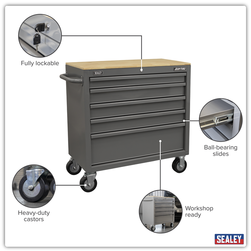 Sealey Mobile Workstation APMWS1G 5 Drawer Grey with Wooden Worktop