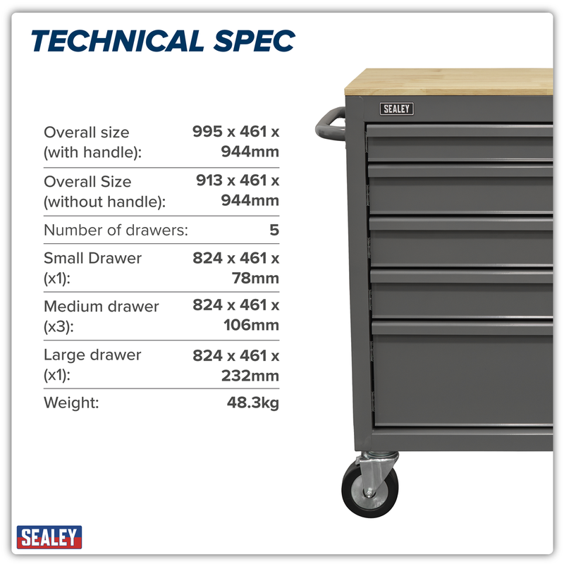 Sealey Mobile Workstation APMWS1G 5 Drawer Grey with Wooden Worktop
