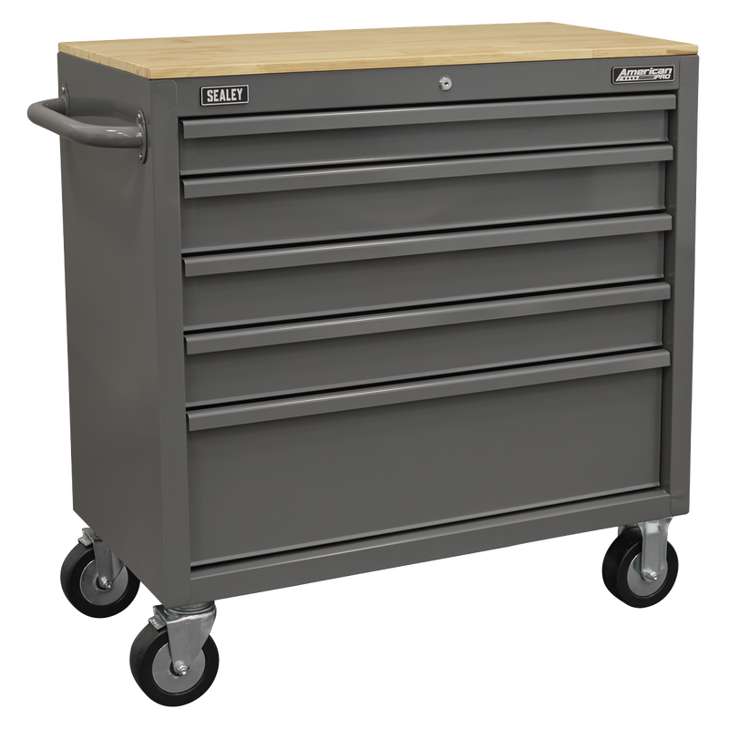 Sealey Mobile Workstation APMWS1G 5 Drawer Grey with Wooden Worktop
