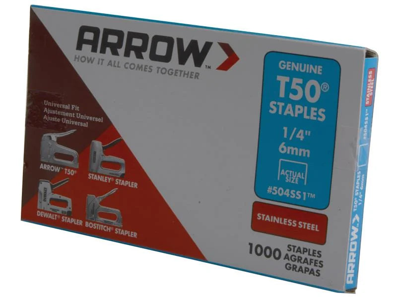 Arrow T50 Staples Stainless Steel 504SS 6mm (1/4in) (Box 1000) - A504SS1