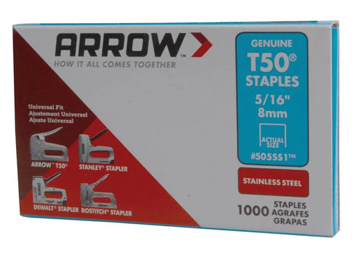 Arrow T50 Staples Stainless Steel 505SS 8mm (5/16in) (Box 1000) - A505SS1