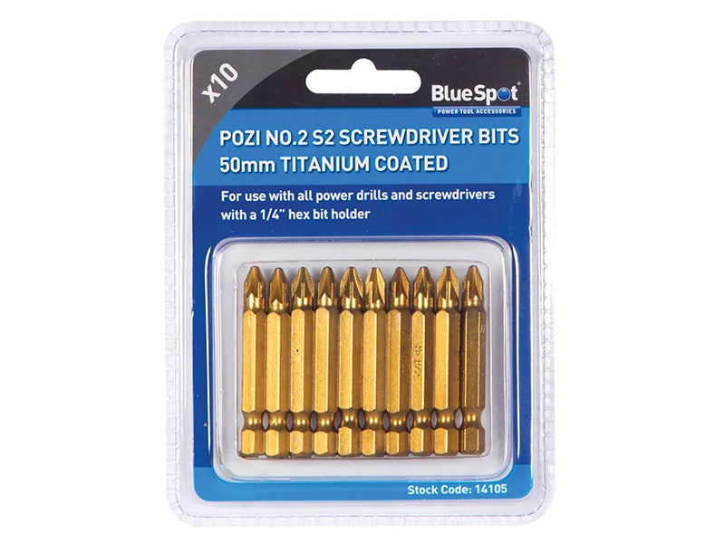 BlueSpot Tools Titanium Coated Screwdriver Bits PZ2 x 50mm (Pack 10) - 14105
