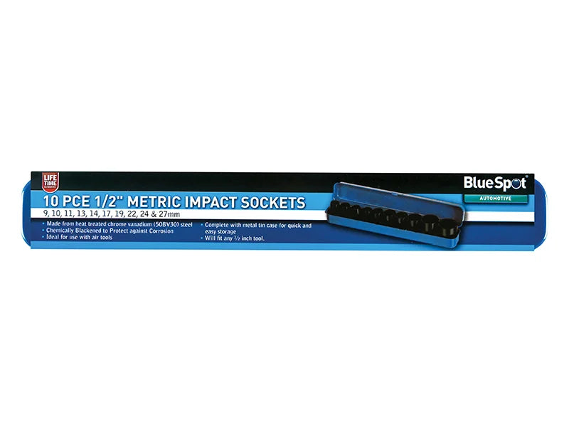 BlueSpot Tools 1/2in Metric Impact Socket Set 9-27mm, 10 Piece - 1537