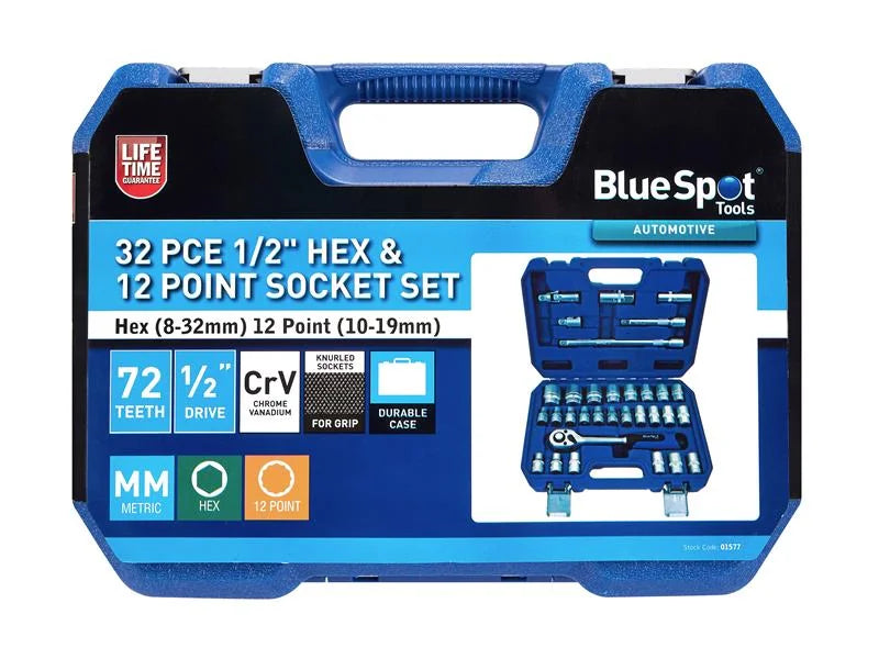 BlueSpot Tools 1/2in Hex & 12 Point Socket Set, 32 Piece - 1577