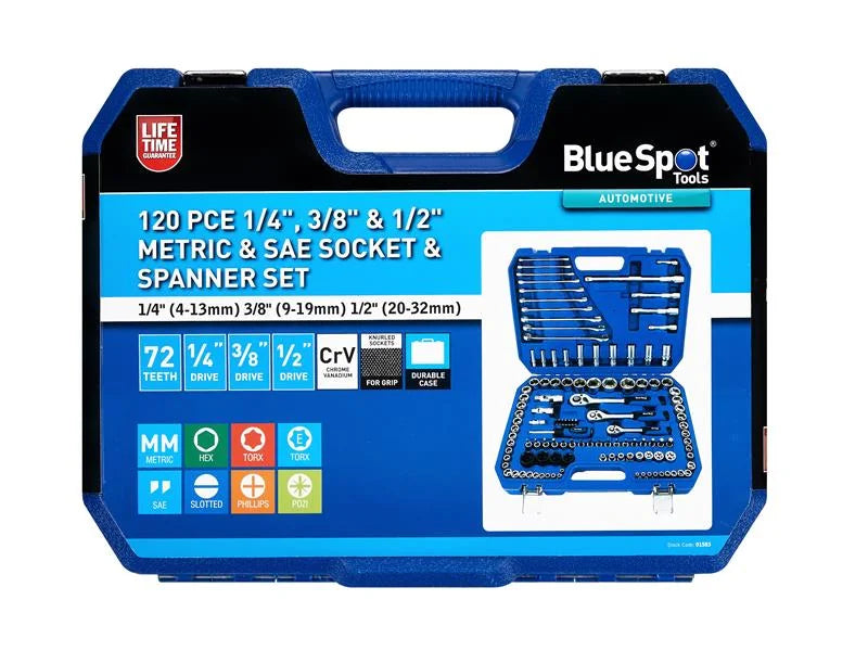 BlueSpot Tools 1/2in, 3/8in & 1/4in Metric Socket Set, 120 Piece - 1583