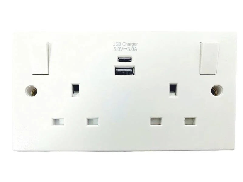 Dencon Switched Socket 2-Gang + 2 USB A/C Ports 13A - 4420NB
