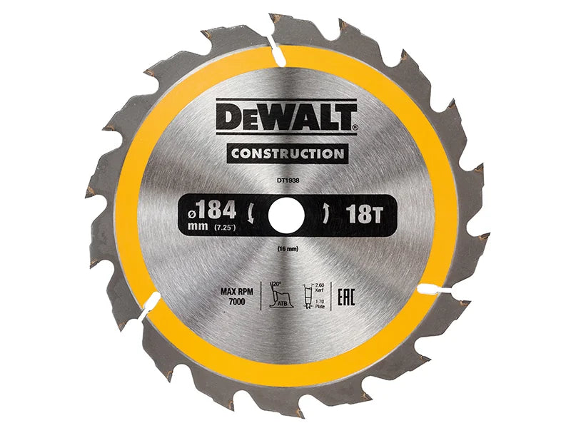 DEWALT Power Tools Portable Construction Circular Saw Blade 184 x 18T 16-30mm