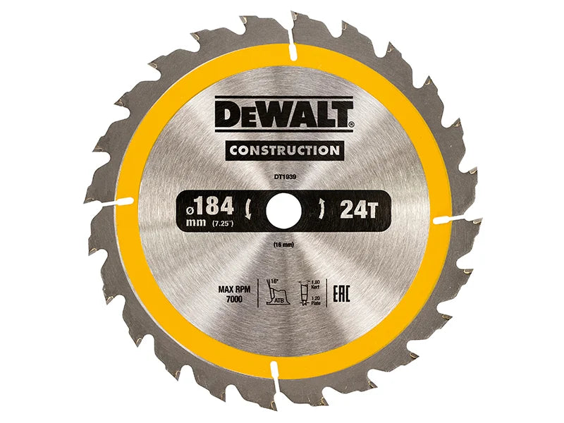 DEWALT Power Tools Portable Construction Circular Saw Blade 184 x 16mm x 24T