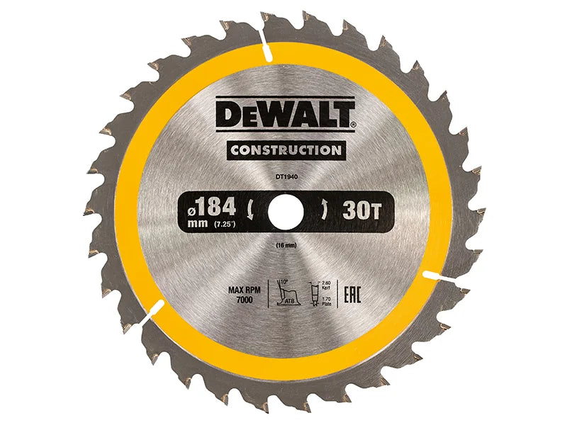 DEWALT Power Tools Portable Construction Circular Saw Blade 184 x 30T 16-30mm