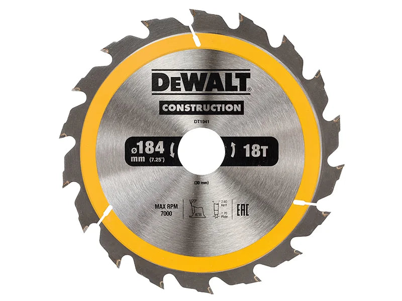 DEWALT Power Tools Portable Construction Circular Saw Blade 184 x 18T 16-30mm