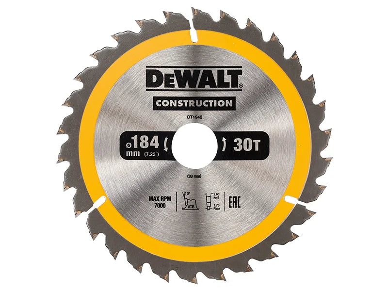 DEWALT Power Tools Portable Construction Circular Saw Blade 184 x 30T 16-30mm