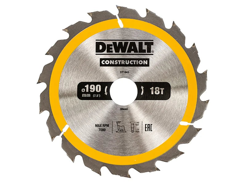 DEWALT Power Tools Portable Construction Circular Saw Blade 190 x 30mm x 18T