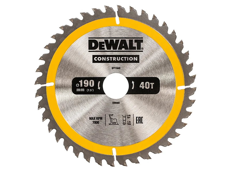 DEWALT Power Tools Portable Construction Circular Saw Blade 190 x 30mm x 40T