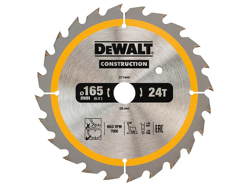 DEWALT Power Tools Cordless Construction Trim Saw Blade 165 x 20mm x 24T