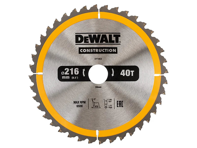 DEWALT Power Tools Stationary Construction Circular Saw Blade 216 x 30mm x 40T