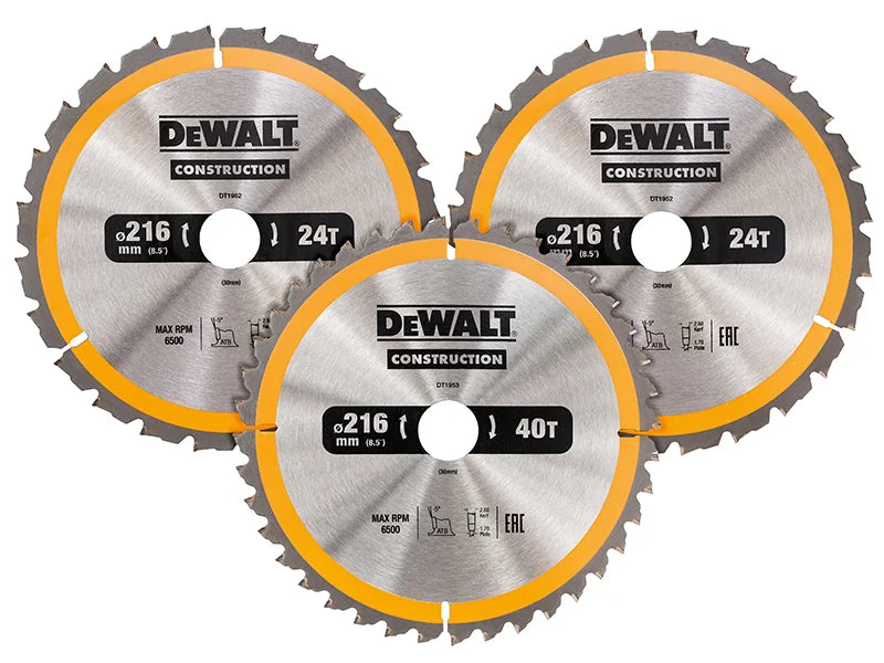 DEWALT Power Tools DT1962 Construction Circular Saw Blade 3 Pack 216 x 30mm 2 x