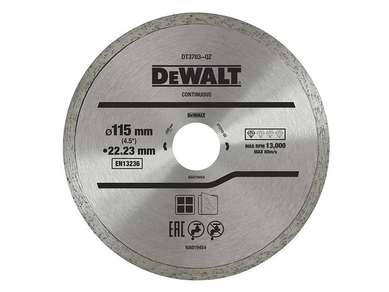DEWALT Power Tools Continuous Rim Diamond Cutting Disc 115 x 22.23mm - DT3703-QZ